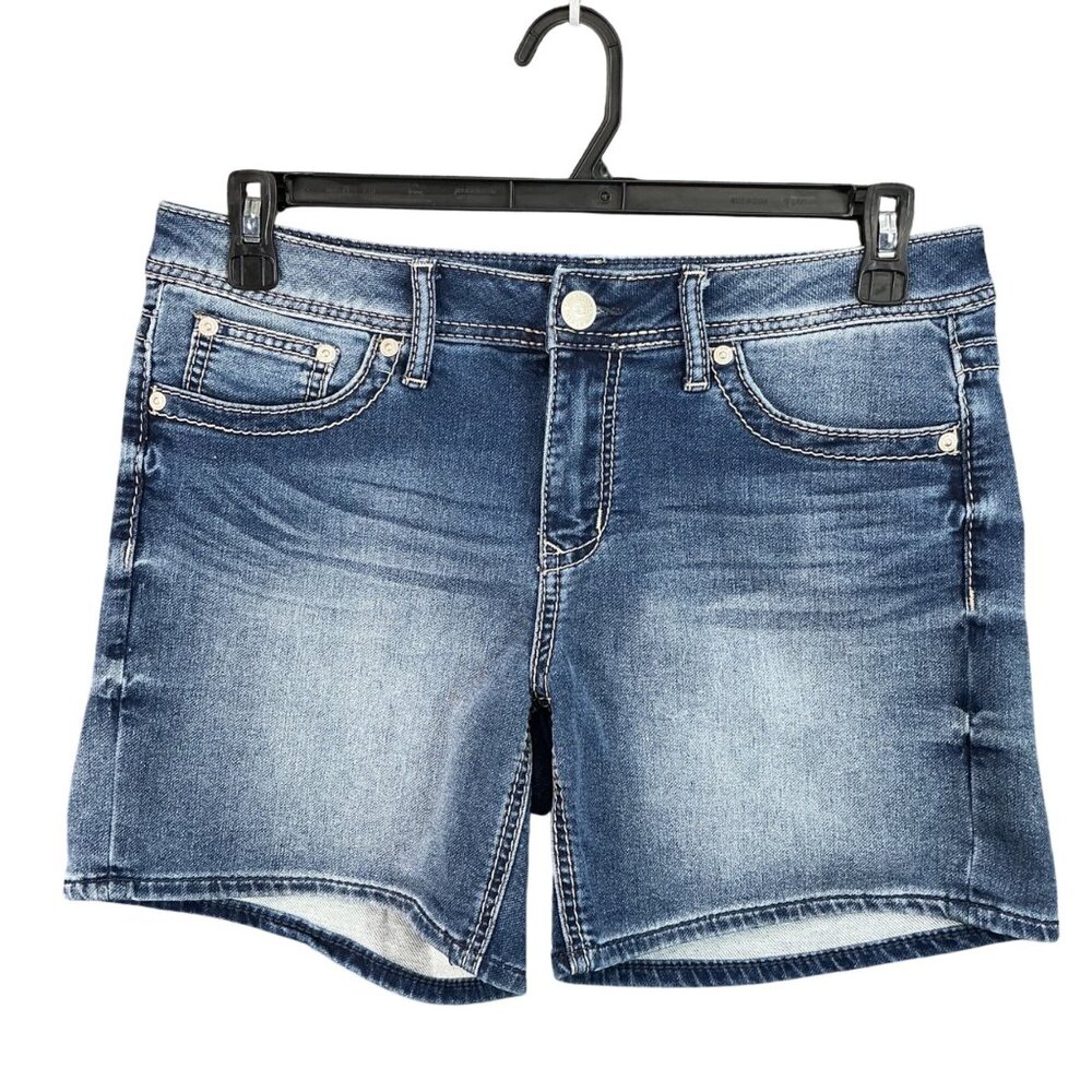 Seven7 Womens Denim Jean Shorts Size 10 Mid-Rise Stretch Distressed Blue Wash